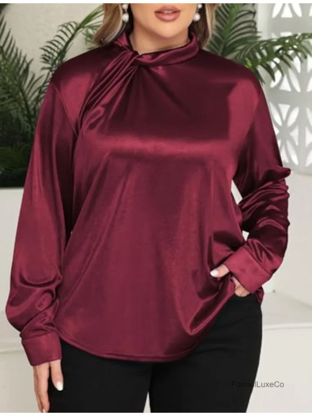Plus Size Satin Mock Neck Twist Blouse Long Sleeve Work Shirt